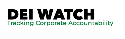 Logo for the website DEI Watch which has the site name in black bold font. Underneath the logo is green text that reads, 'Tracking Corporate Accountability"