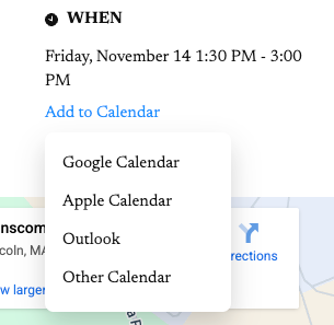 Screenshot of the drop down menu that appears when you click 'Add to Calendar'. The options are: Google Calendar, Apple Calendar, Outlook, and Other Calendar.