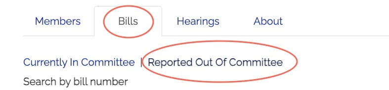 Screenshot showing how to search for bills reported out of committee on a Joint Committee page on the State House website. A tab labelled Bills has a red circle.