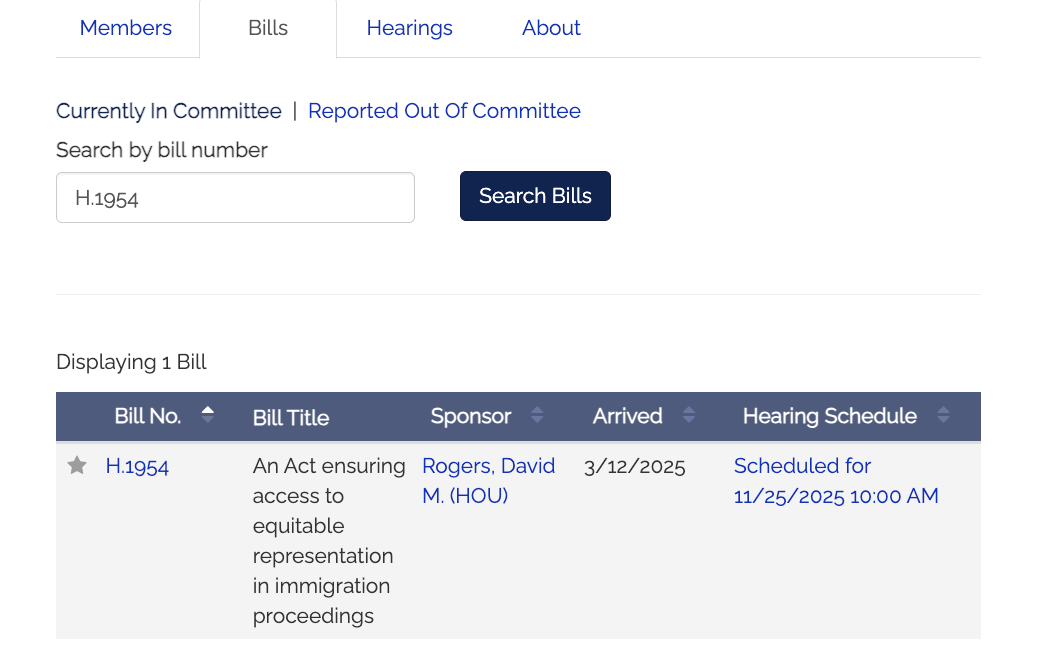 Screenshot of the search result on the Joint Committee of the Judiciary webpage showing that bill H.1954 is listed as 'Currently In Committee'